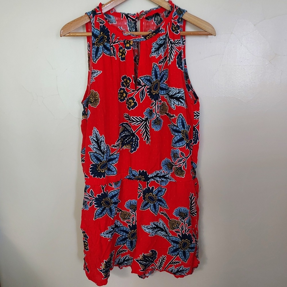 LOFT Red Floral Swiss Dot Textured Ruffle Sleeveless Romper Festival Pockets L